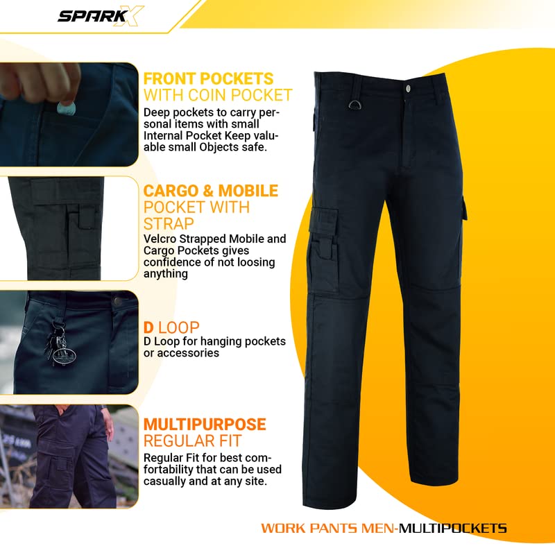 SparkX Combat Cargo Work Trousers Men - Durable, Lightweight, Breathable & Triple Stitched - Multi Pocket, Knee Pad Workwear Safety Cargo Pants